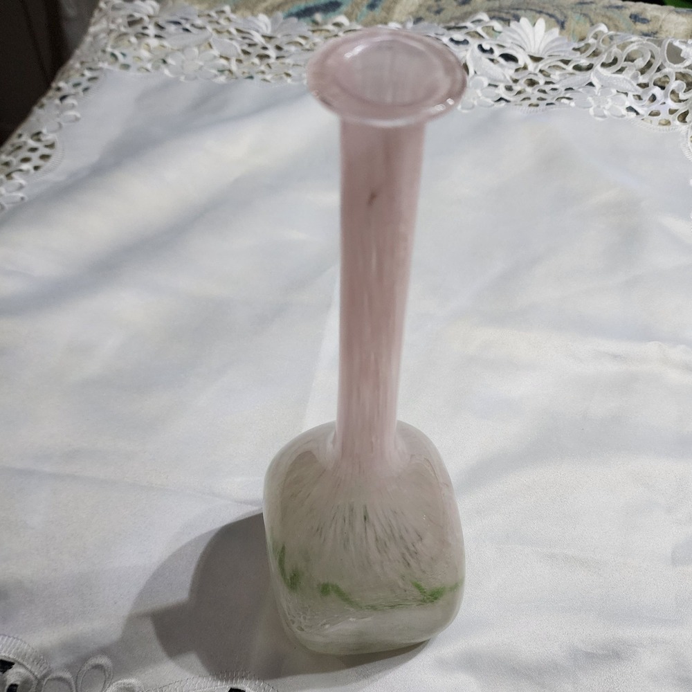 Vintage Hand Blown Art Glass Bud Vase Pink Green White Swirl Murano Style 12.5"